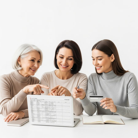 smiling mother, daughter and grandmother doing online shopping with credit cardの素材