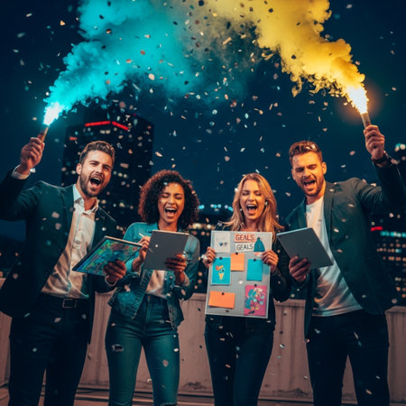 Group of business people celebrating success with fireworks. They are standing on the roof of a skyscraper.の素材