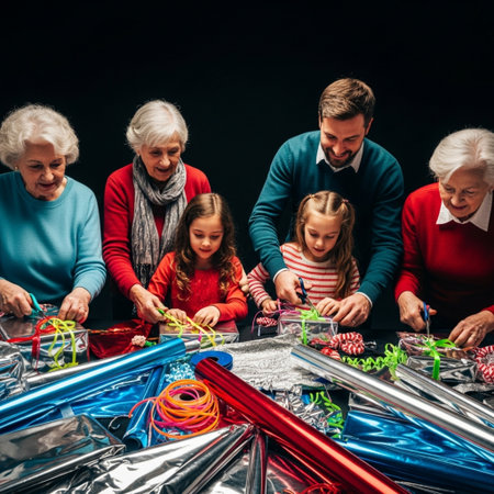 grandmother, grandmother and grandchildren making christmas decorations on black backgroundの素材