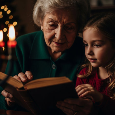 Grandmother and granddaughter reading a book in front of christmas treeの素材