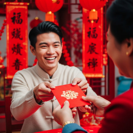 Chinese New Year. Asian man giving red envelopes to his girlfriendの素材