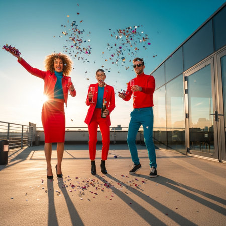 Celebration, party and people concept - happy friends with champagne glasses dancing on rooftopの素材