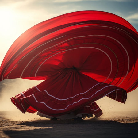 Red umbrella on the beach at sunset. Concept of travel and vacationの素材