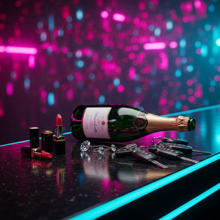 Bottle of champagne on a bar counter on a nightclub background.の素材