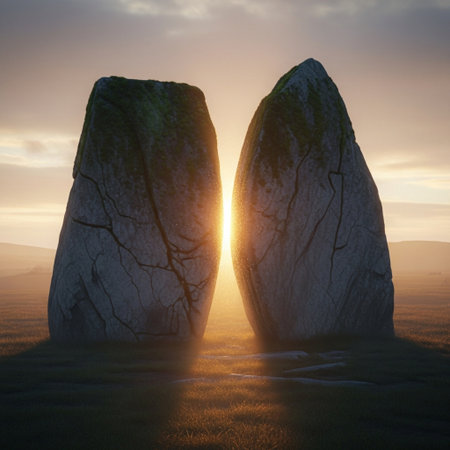 Sunset at the prehistoric megalithic stones. 3d renderの素材