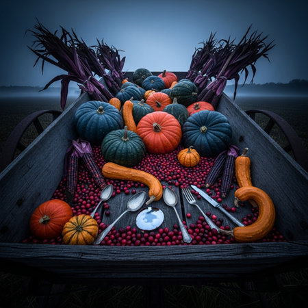 Harvested pumpkins and vegetables in a wheelbarrow.の素材