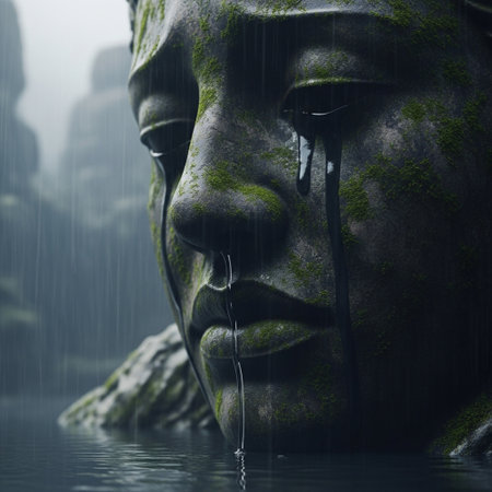 Fantasy landscape with stone face in water. 3d illustration.の素材