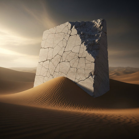 3d rendering of an iceberg in the desert against a sunset skyの素材