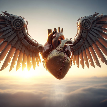 Human heart with wings in the sky. 3D illustration. Vintage style.の素材