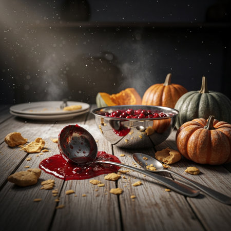 Pumpkin and cornflakes with cranberry jam on wooden backgroundの素材