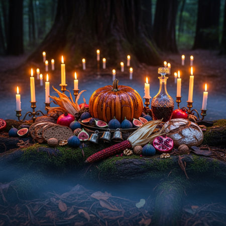 Halloween still life with pumpkins, candles and sweets in the forestの素材
