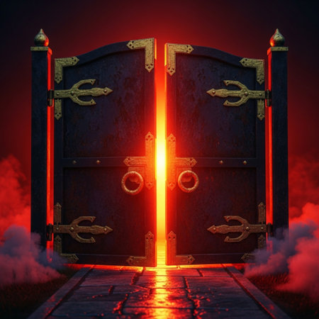 Medieval door at night. 3D rendering. Fantasy illustration.の素材