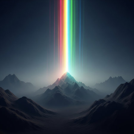 Fantasy landscape with light beam in the sky. 3D renderingの素材