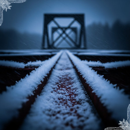 Railway tracks covered with snow and hoarfrost in the winterの素材