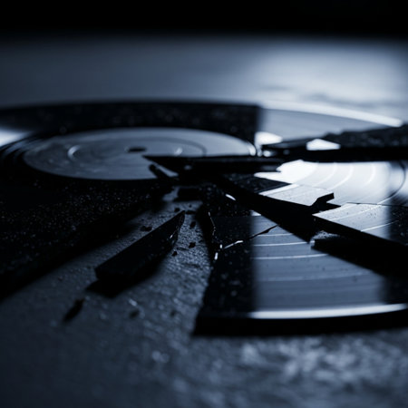 Vinyl record on dark background, close up. Selective focus.の素材