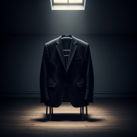 Business suit on a chair in the dark room. 3d renderingの素材