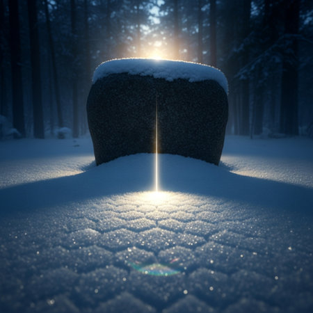3d rendering of snow covered stone in the forest with light beamの素材