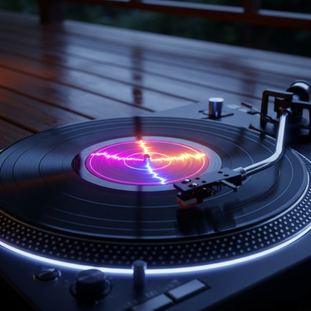 Turntable playing vinyl with glowing light effect. 3d renderingの素材