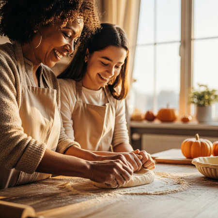Smiling mother and daughter kneading dough in kitchen at homeの素材