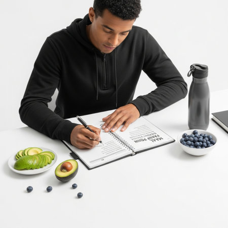 young african american man writing in notebook while sitting at table with healthy foodの素材