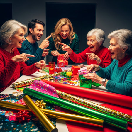Group of senior people celebrating christmas at home. They are sitting at the table, playing cards and smiling.の素材