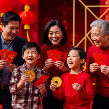 Happy asian family celebrate chinese new year in red envelopesの素材