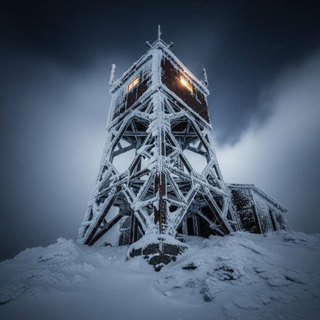 Foggy winter night in the mountains. Low angle view of an old watchtower in the snow.の素材