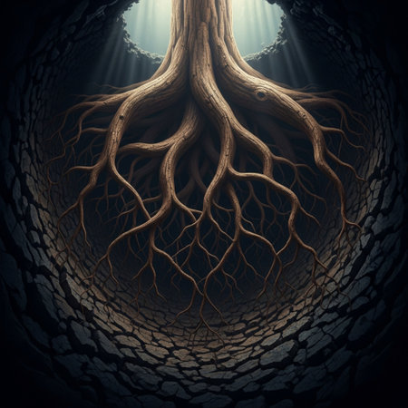 3D illustration of a tree with roots in the dark forest.の素材
