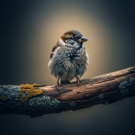 Portrait of a sparrow sitting on a branch in the forest.の素材