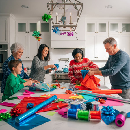 Multi-generation family wrapping gifts for Christmas and New Year at home.の素材