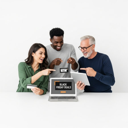 multiethnic family with laptop and credit card for online shopping isolated on whiteの素材