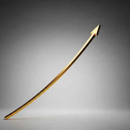 Golden arrow on gray background. 3d render. Success concept.の素材
