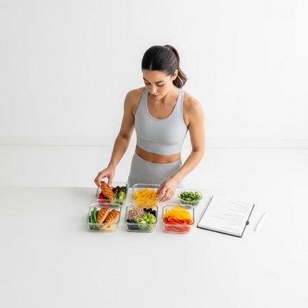 young sportswoman in sportswear preparing healthy food on whiteの素材