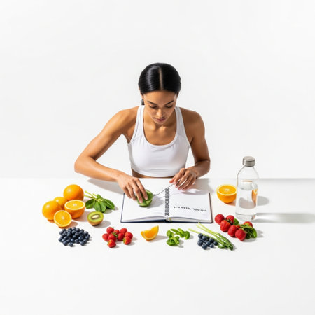 beautiful sportswoman writing in notebook while sitting at table with fruits and vegetables, isolated on whiteの素材