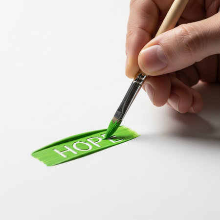Hand with brush painting the word HOPE on a white background.の素材