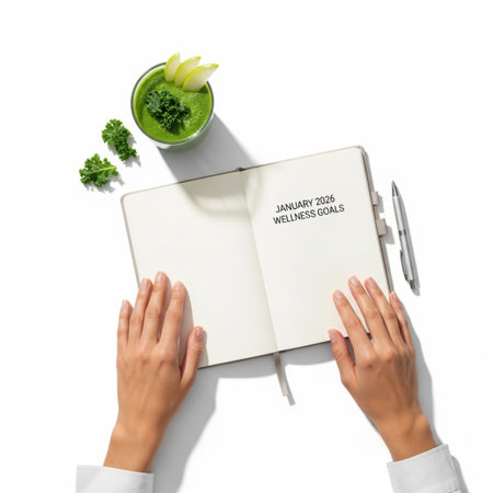 top view of female hands with notebook and green smoothie on white backgroundの素材