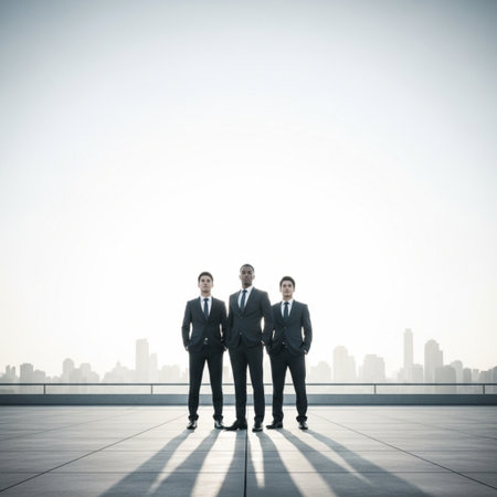 Businessmen Standing in a Row with City Skyline in the Backgroundの素材
