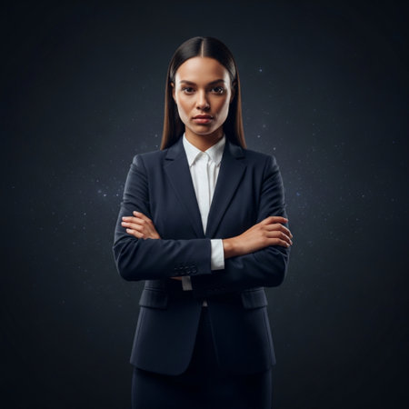 business, people and office concept - serious businesswoman over dark backgroundの素材