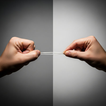 Hands holding a plastic swab in front of a grey backgroundの素材