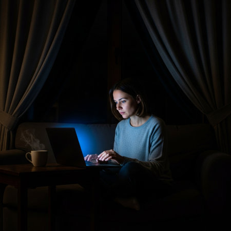 Young woman sitting on sofa and working on laptop at night in dark roomの素材