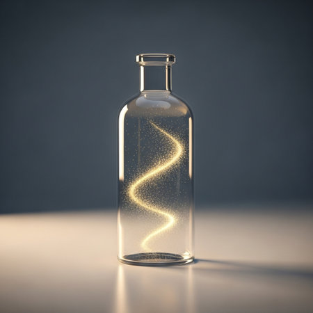 3d render of a glass bottle with a DNA chain inside.の素材