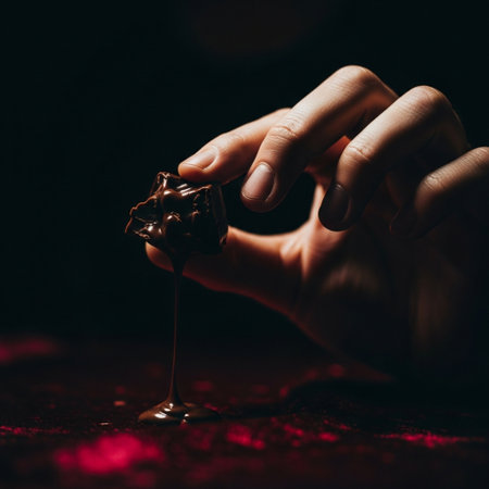 Close-up of woman's hand holding chocolate on dark background.の素材