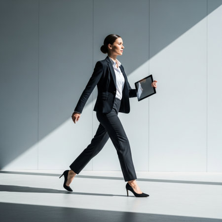 full length view of smiling businesswoman walking with digital tablet in officeの素材