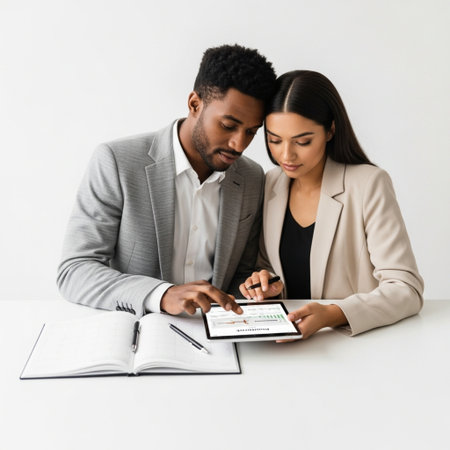 businessman and african american businesswoman working with digital tablet in officeの素材