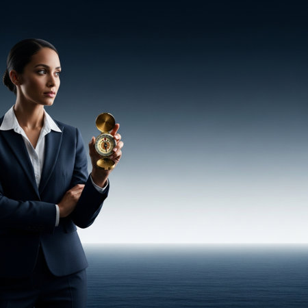 Young businesswoman with compass in hands on dark background. Success conceptの素材