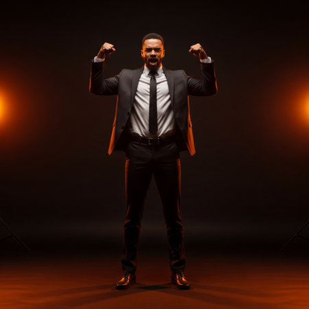 Full length portrait of a happy businessman showing his muscles over black backgroundの素材