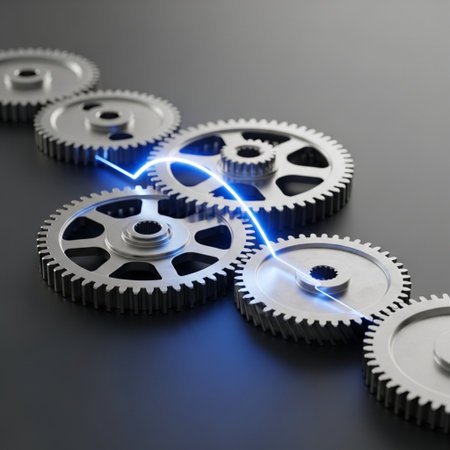 Gears with blue lightning on a dark background. 3d illustrationの素材