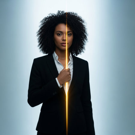 Young african american businesswoman in suit holding glowing neon sign.の素材