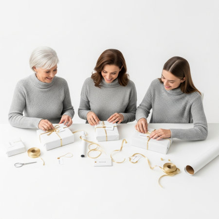 happy mother, daughter and grandmother with christmas gifts on white backgroundの素材