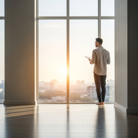 Back view of young businessman standing in room with large window and looking at cityの素材